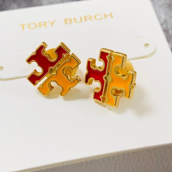 TORY BURCH Earrings • Gold Red Logo Mustard Yellow Earrings - Picture 9 of 13